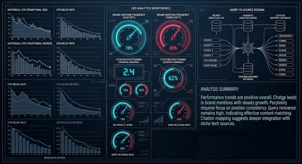 Technical blueprint illustrating GEO analytics tracking brand mention frequency and citation positions across leading conversational search models