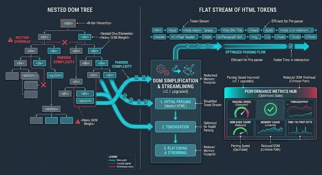 Technical diagram showing Ghost CMS Handlebars AST parsing and DOM node reduction from highly nested elements to a flat semantic layout.