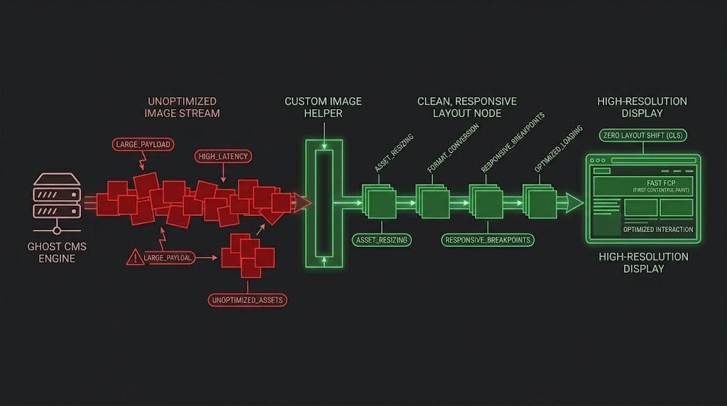 Technical block diagram demonstrating responsive Handlebars image helper overrides in Ghost CMS to minimize LCP latency.