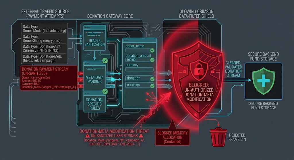 Structural diagram illustrating the sanitization pipeline for donation metadata in WordPress to prevent arbitrary meta-injection (CVE-2026-4402).