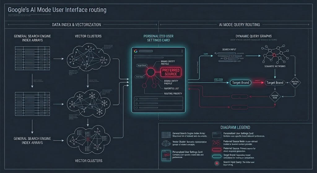 Diagnostic schematic detailing entity retrieval mechanics of Google AI Mode with a Preferred Source designation overlay.