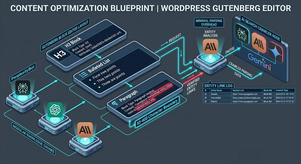 Technical systems diagram illustrating how to format WordPress Gutenberg blocks to satisfy the AI overview content chunking standard