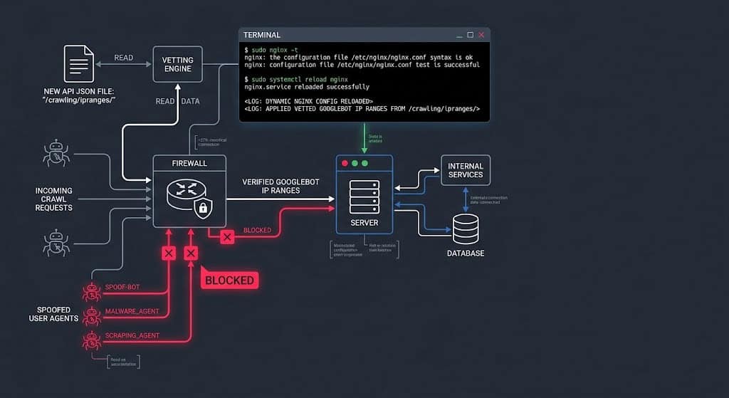 Technical diagram displaying a server firewall updating its Nginx allow-deny rules from the official Google crawler IP endpoints.