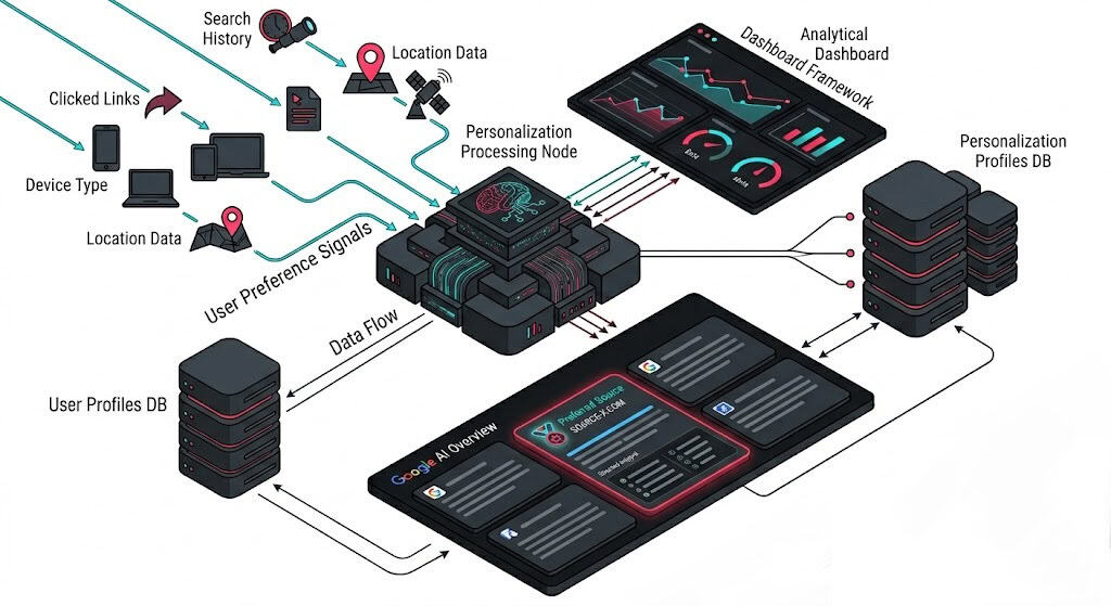 Technical flow diagram displaying user settings preference signals mapping directly to badged publisher citations inside Google AI Mode and AI Overviews