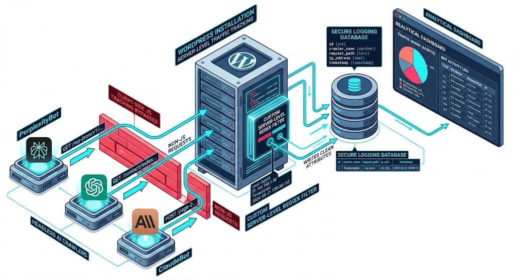 Technical systems schematic displaying how server-level regex filters capture and log headless AI crawlers like OAI-SearchBot and PerplexityBot in WordPress