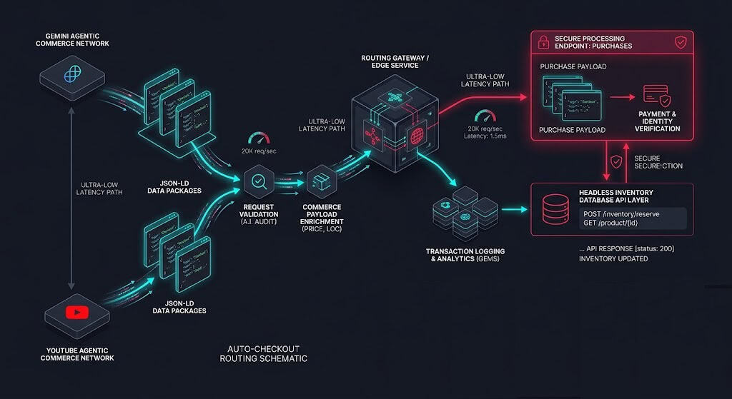 Enterprise digital commerce dashboard outlining real-time headless transactions and API endpoints for Google Universal Cart.