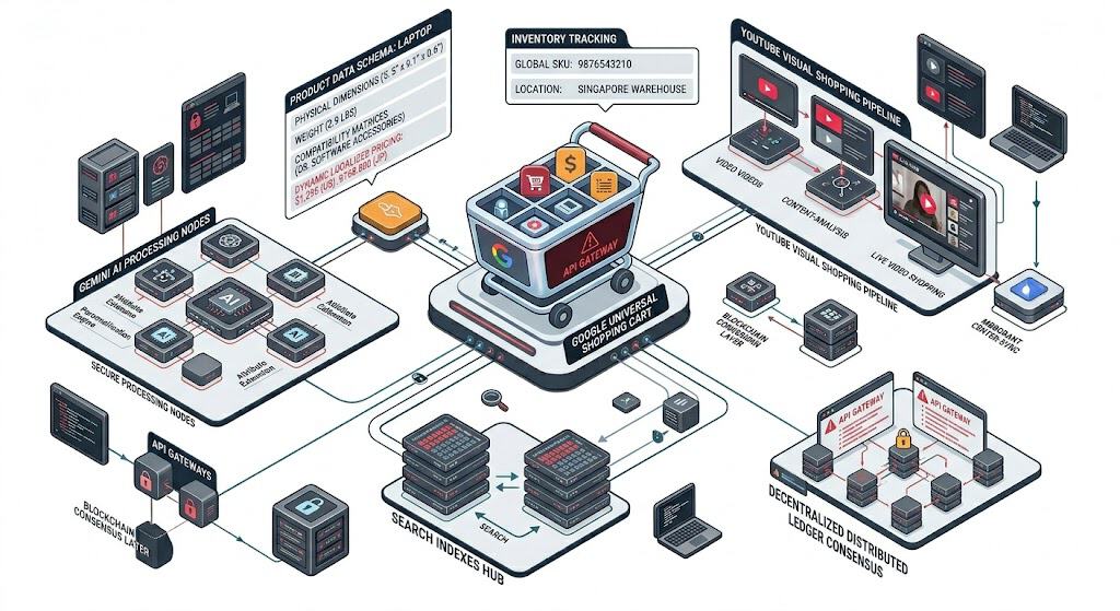 Technical workflow illustrating product schema data feeding into Google's persistent Universal Shopping Cart across Gemini Search and YouTube