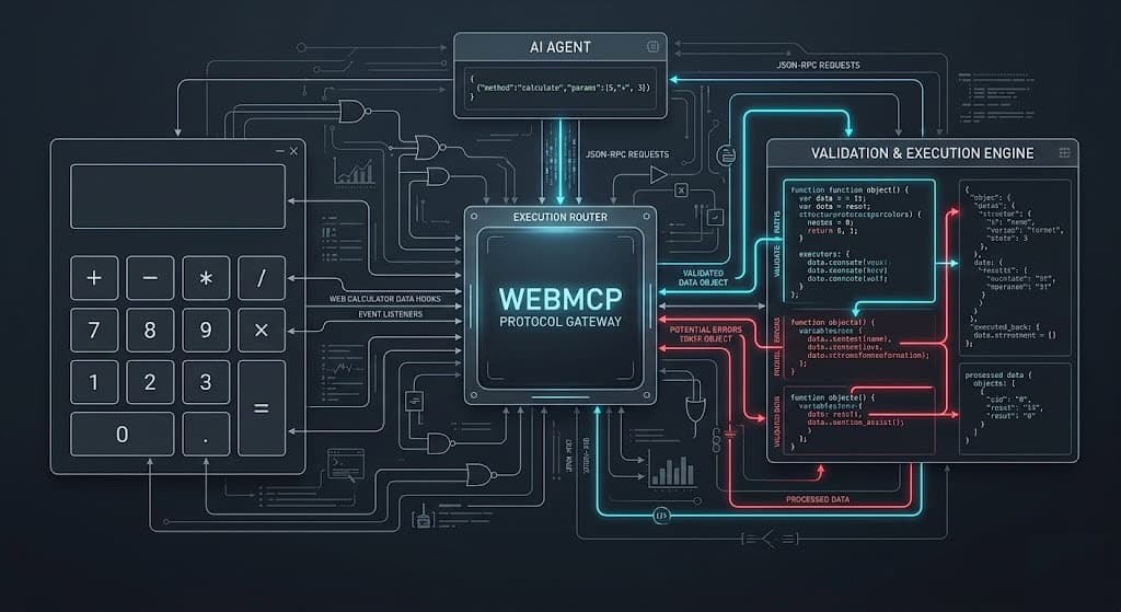 Technical block diagram demonstrating how Google's Web Model Context Protocol exposes frontend calculators to autonomous AI agents.