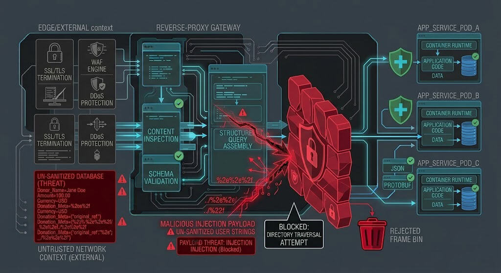 Structural diagram showing NGINX reverse-proxy path normalization rules blocking directory traversal attacks against the Grafana API.
