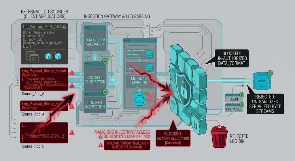 Technical diagram showing the mitigation of CVE-2026-1182 via incoming log payload filtering and deserialization blocking on Graylog indexer nodes.