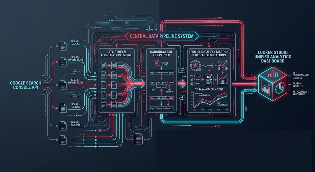 Technical schematic showing the Google Search Console API and Looker Studio data pipeline for calculating zero-click AI tax.