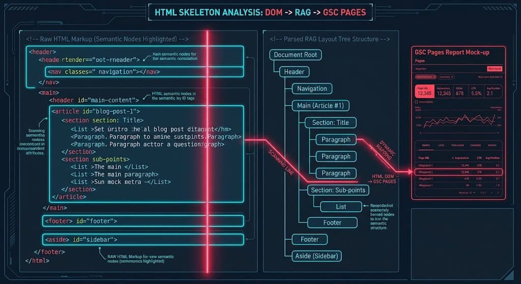 Technical blueprint illustrating the process of extracting winning HTML DOM structures highlighted in Google Search Console's Generative AI Pages report.