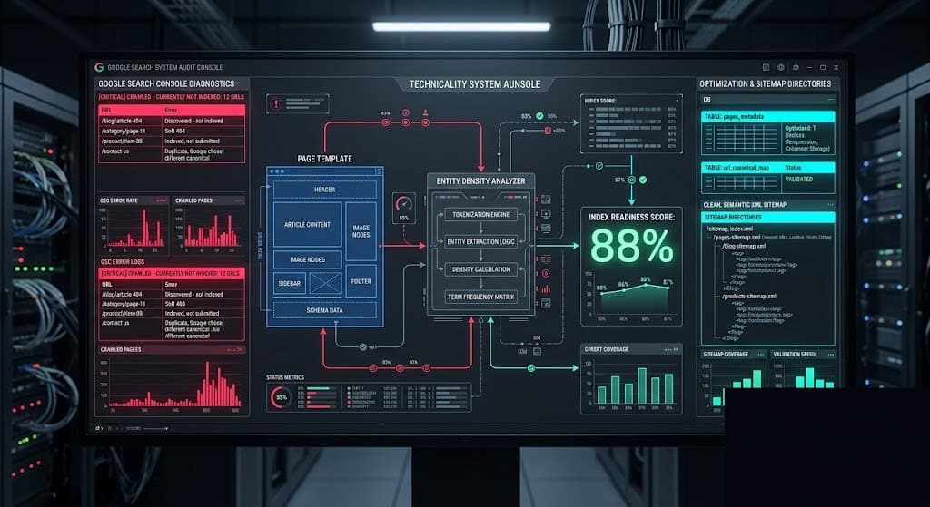 Technical diagnostic console illustrating the programmatic audit pipeline to resolve Google Search Console indexation errors.