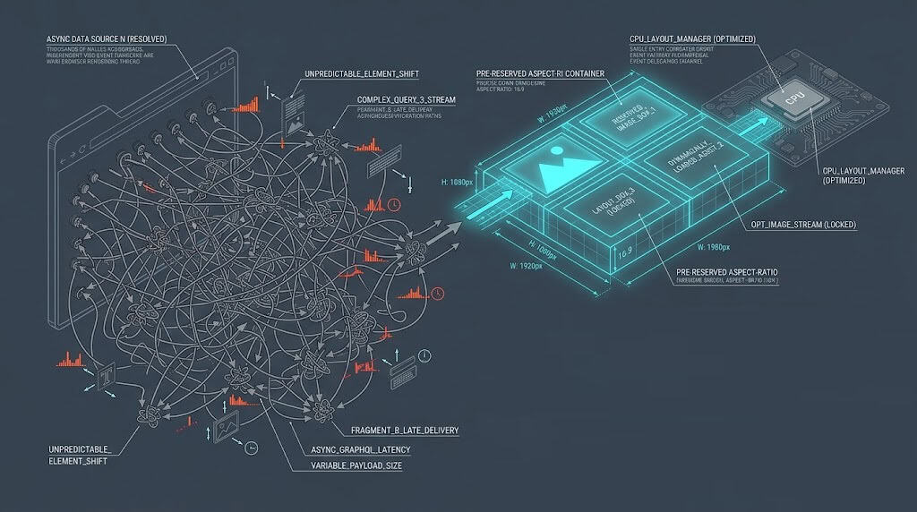Isometric technical diagram of headless CMS GraphQL image hydration and aspect-ratio CSS custom property locking.