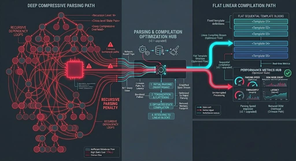 Systems diagram illustrating Hugo build-time compilation optimizing nested shortcodes into flat pre-compiled partial layout blocks.