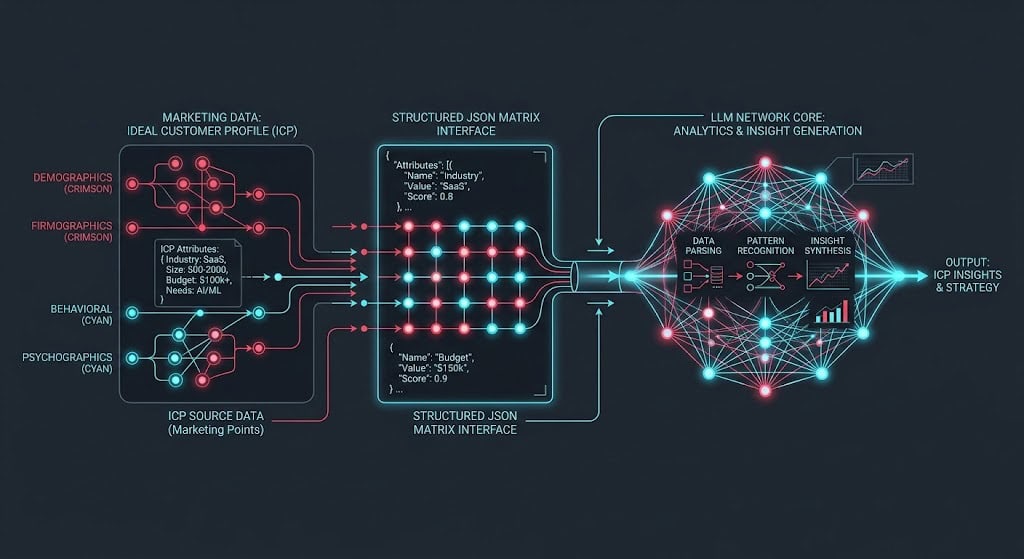 Technical pipeline blueprint translating a marketing ICP into structured JSON data for LLM context processing.