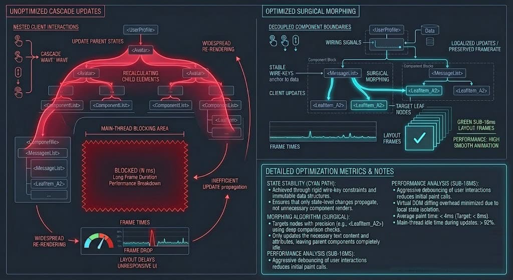 Technical illustration displaying Livewire v3 DOM morphing optimization and component isolation to prevent INP failures.
