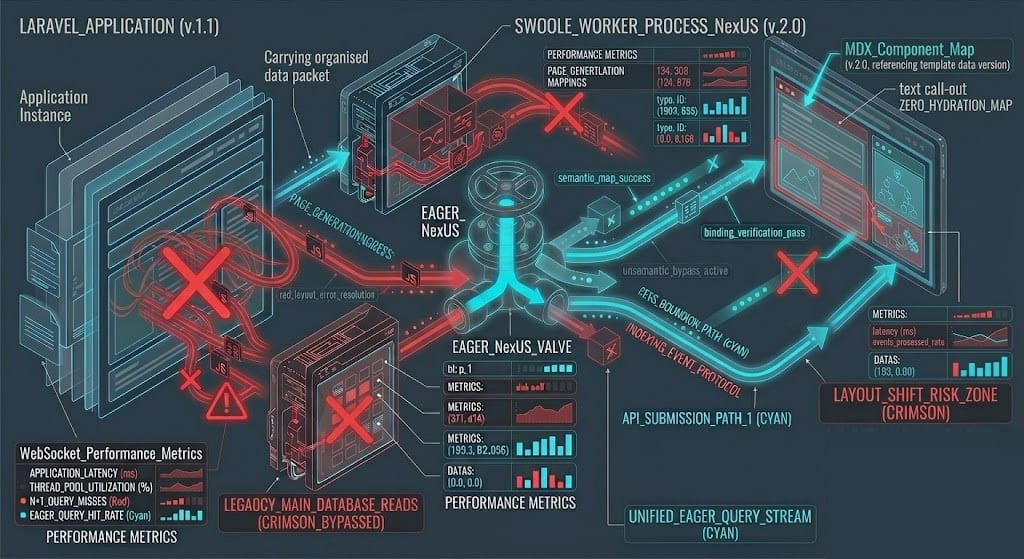 Technical block diagram illustrating how Laravel Octane's service container resets stale singletons across concurrent Swoole process lifecycles.