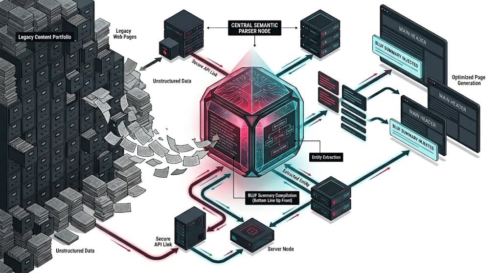 Technical systems schematic displaying the programmatic conversion of legacy content portfolios into high-density informational blocks for AI search engines