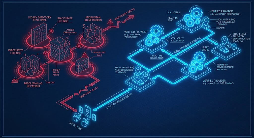 Diagnostic diagram showing the structural routing differences between algorithmic demotion of local directories and verified direct service provider nodes.