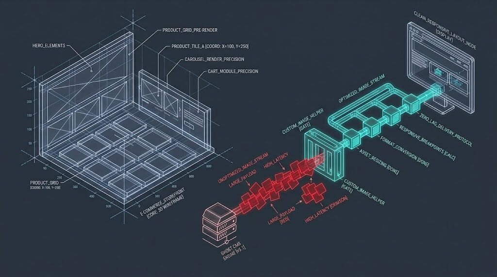 Isometric technical diagram mapping Magento Hyva theme performance optimization and Tailwind CSS pipeline delivery paths.
