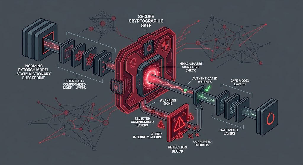 Architectural schematic of a secure model checkpoint deserialization pipeline validating model integrity before execution.