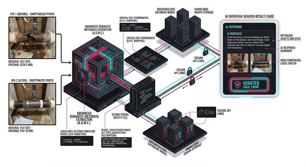 Technical systems diagram illustrating the conversion of raw local job-site photos into structured visual entities for Google AI Overviews