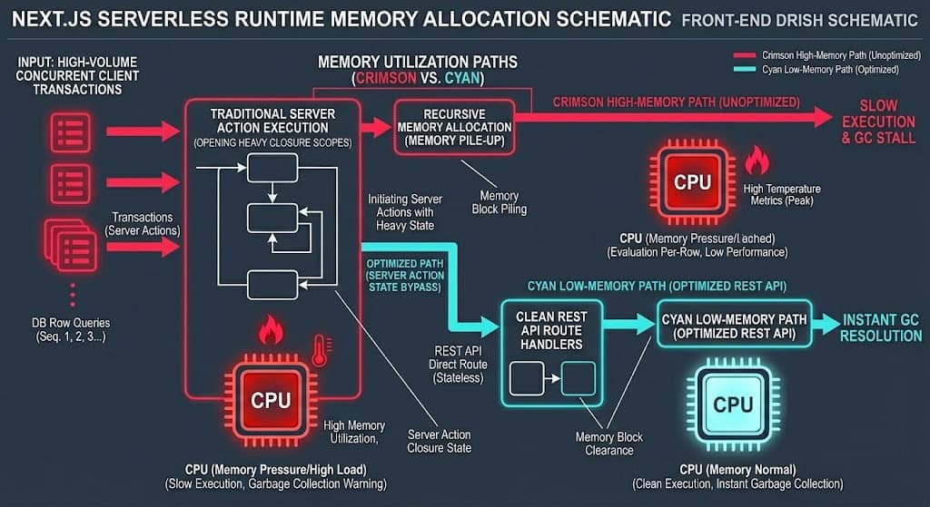 Technical illustration displaying memory heap optimization and closure scope dropping in Next.js App Router to resolve serverless OOM crashes.