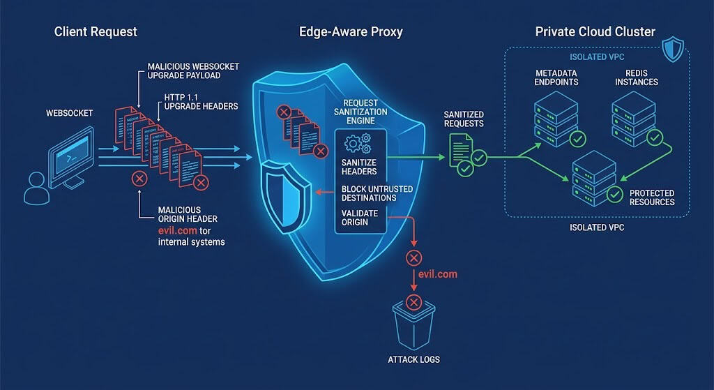 Technical diagram illustrating an edge-aware proxy intercepting and validating WebSocket upgrade requests to patch CVE-2026-44578.