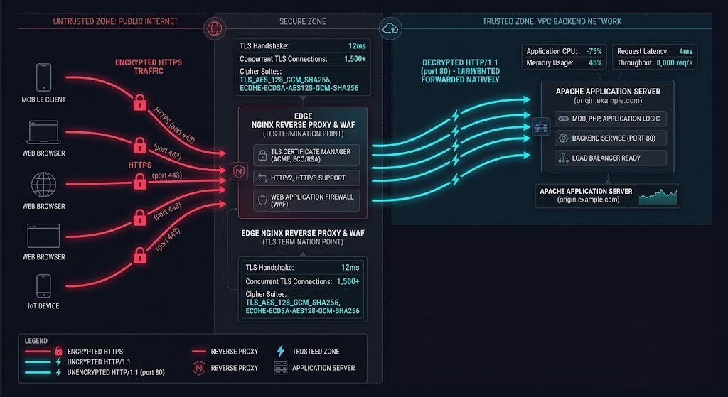 Technical systems diagram illustrating edge TLS termination with Nginx proxy forwarding.