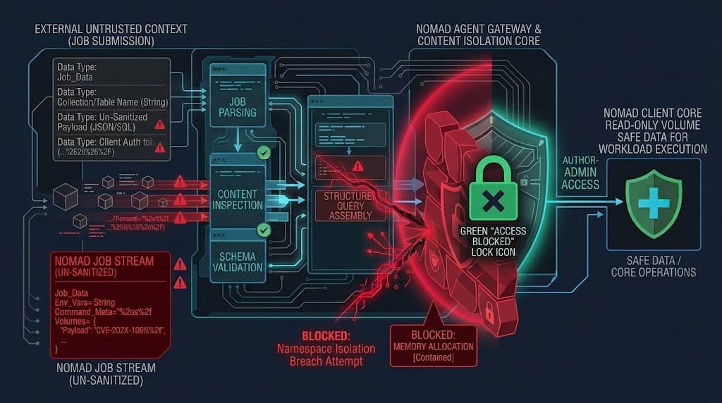 Technical diagram of HashiCorp Nomad agent environment validation and task-space sandboxing to resolve CVE-2026-3382.