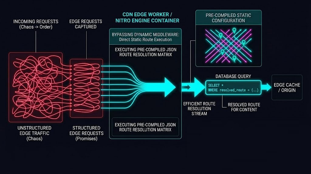Technical diagram displaying dynamic route rule pre-compilation on Nuxt Nitro engine to eliminate edge worker cold start latency.