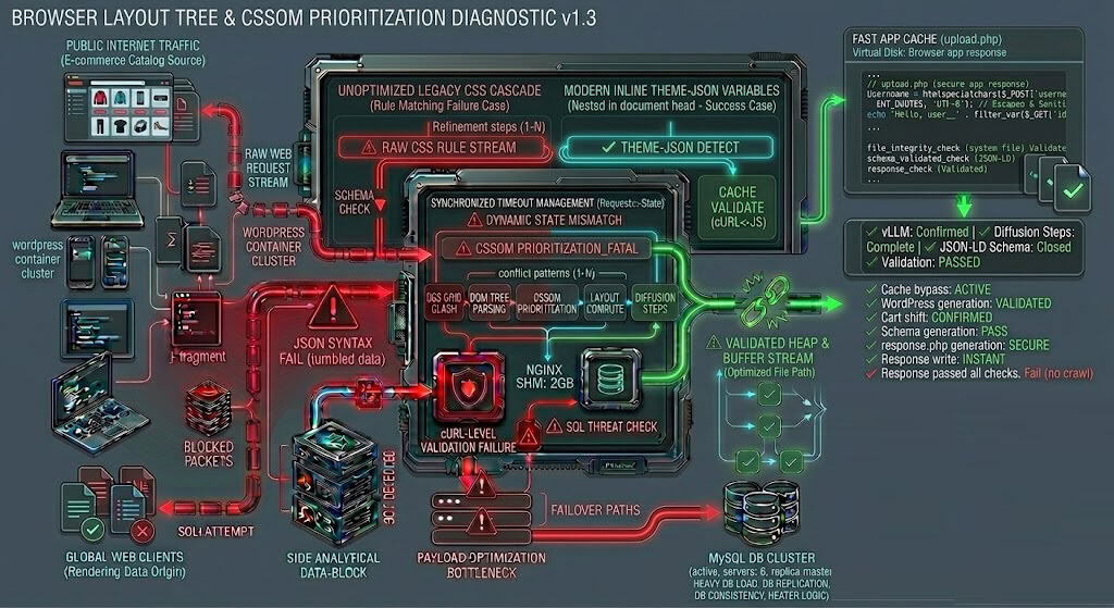 Technical diagram depicting CSSOM generation, theme-json payload priority streams, and child theme stylesheet realignment loops.