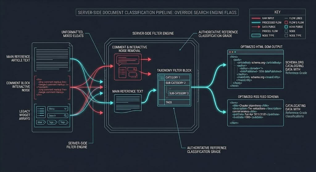 Block diagram illustrating a server-side WordPress hook purging comment markup and optimizing XML feed structures to override the sourceType flag.