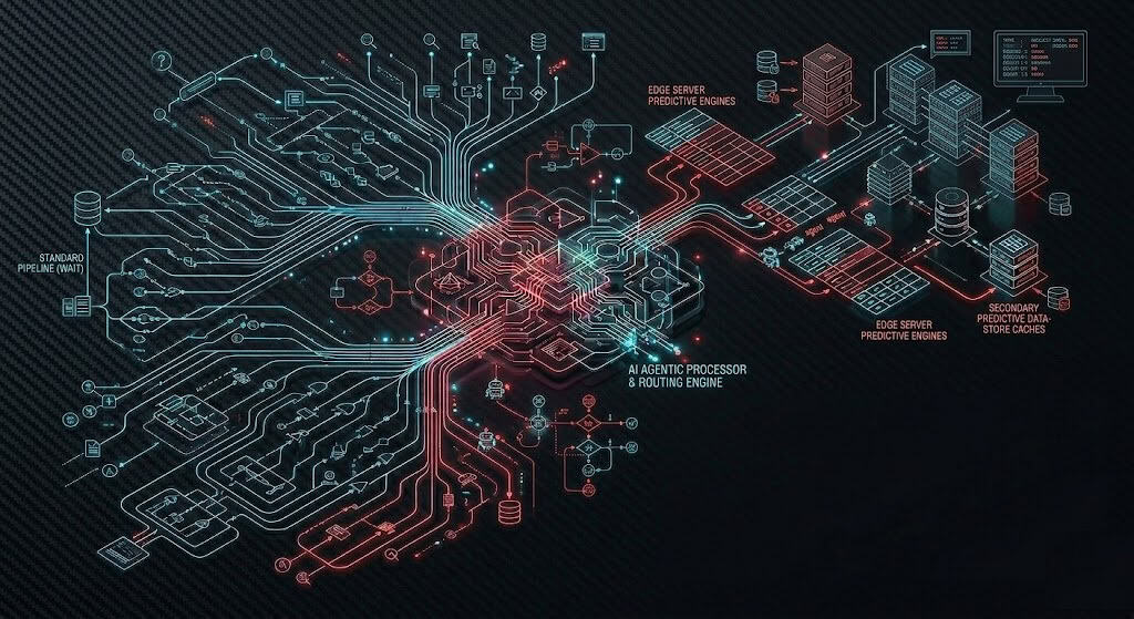 Technical diagram of predictive edge pre-warming for multi-turn AI search crawlers