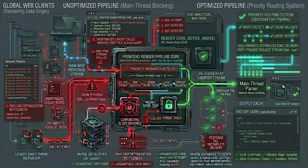 Technical block diagram comparing slow default image rendering with optimized above-the-fold hero image preloading in Kadence block themes