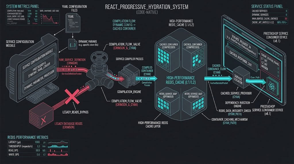 Technical diagram showing PrestaShop 8 Symfony dependency injection compilation and Redis hook bypass paths
