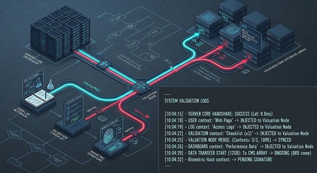 Technical schematic illustrating programmatic injection of first-hand experience E-E-A-T metadata schemas.