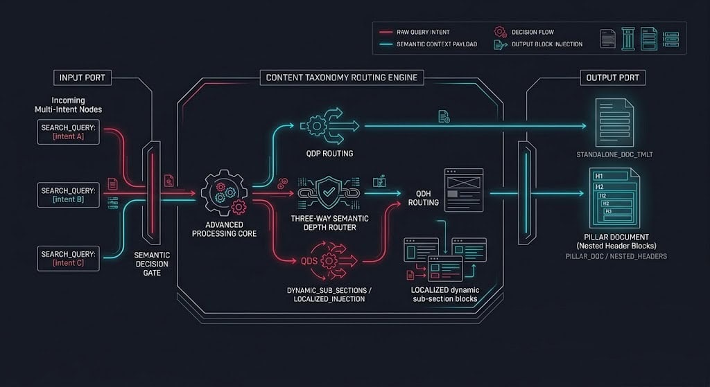 Isometric technical flow diagram detailing a taxonomy routing engine sorting keyword intents into QDP, QDH, and QDS document silos.