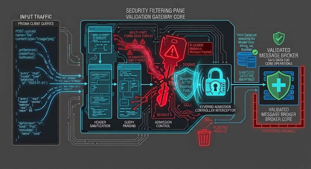 Technical diagram representing the isolation of the RabbitMQ Management API to prevent Server-Side Request Forgery.