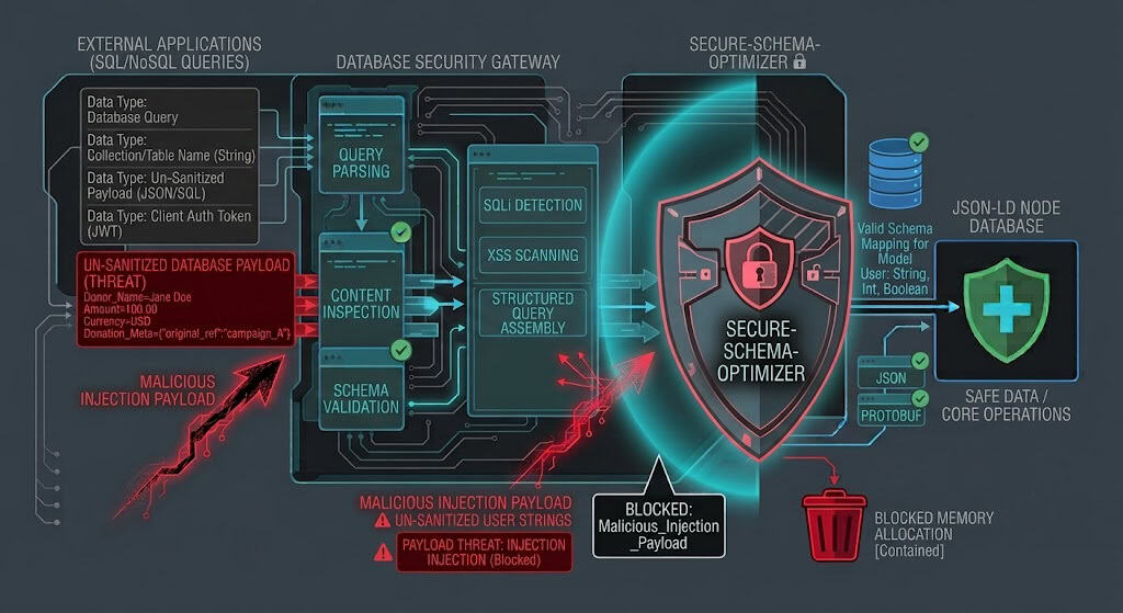 Structural diagram showing PHP schema validation middleware blocking malicious JSON-LD payloads.