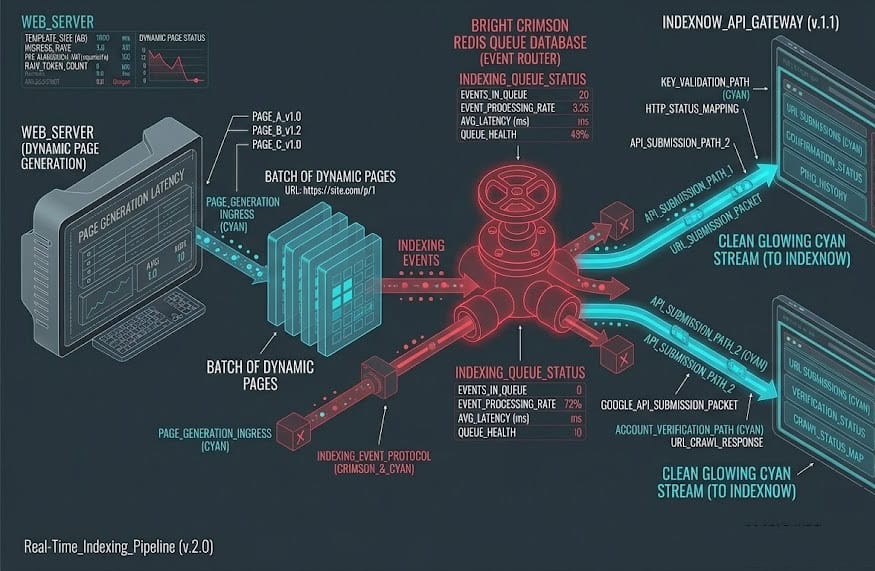 System architecture diagram illustrating real-time indexing using Redis queues, IndexNow APIs, and Google Indexing endpoints.