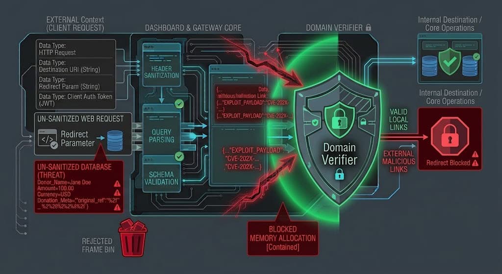 Systems diagram illustrating secure domain-whitelisted redirection validation for WordPress plugins.