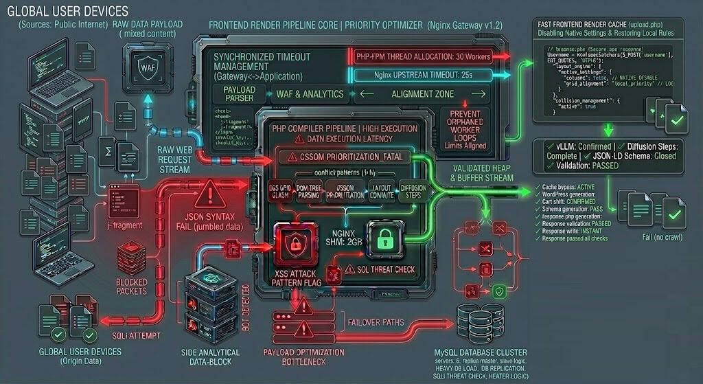 Technical schematic illustrating server caching layers and HTML bypass strategies to resolve TTFB bottlenecks on heavy WordPress themes