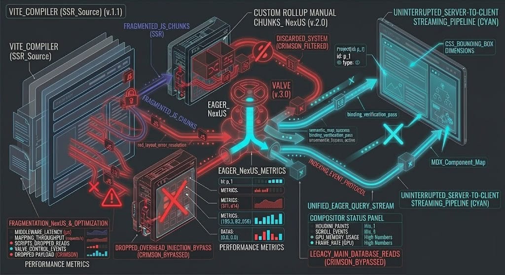 Technical layout diagram of a Remix Vite-chunk consolidation engine executing on serverless edge workers to optimize streaming latency and lower TTFB.