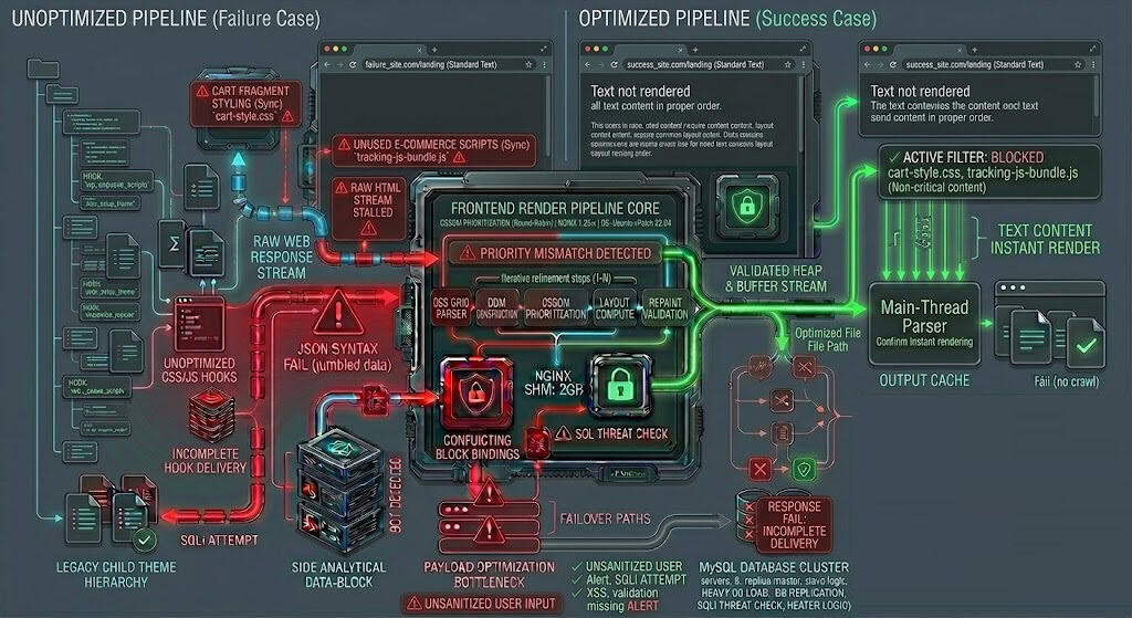 Technical waterfall schematic illustrating the dequeuing of unused WooCommerce assets and cart fragments on non-store pages