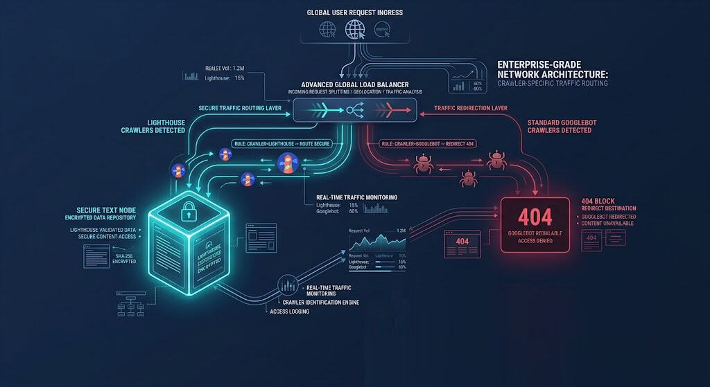High-performance infrastructure schematic illustrating the dynamic routing of llms.txt requests to balance Lighthouse checks and Googlebot crawling.