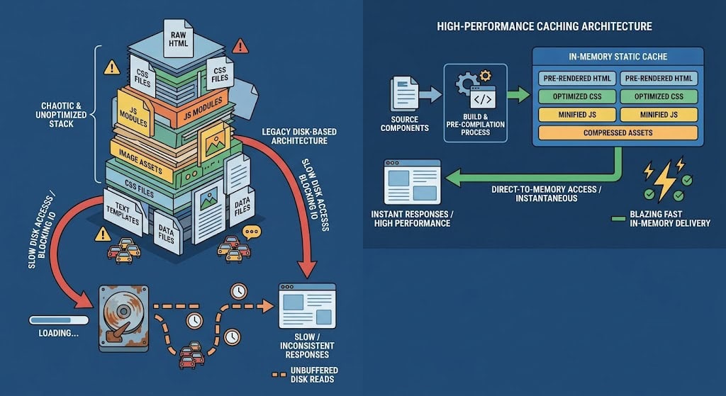 Technical diagram illustrating Blade template pre-compilation pipeline in Sage 10 to optimize disk IO and TTFB.