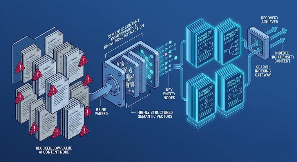 Technical schematic displaying the structural consolidation of bloated AI subfolders into high-density Knowledge Fragments.