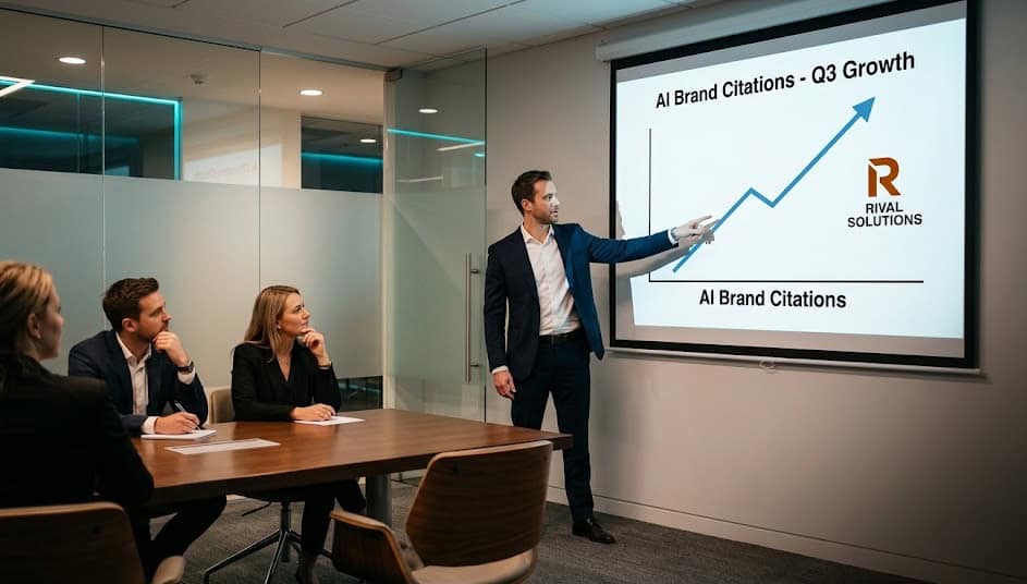 Visualizing the transition of B2B brand visibility from traditional search to AI citations in an executive boardroom pitch.